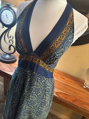 India Boutique Blue & Gold Halter Midi Dress